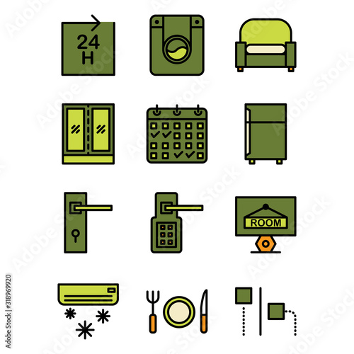 Hotel icon set include hotel, service, life time, support, laundry, dress washing, washing machine, armchair, sofa, furniture, seat, wardrobe, storage, clothes, booking, calendar