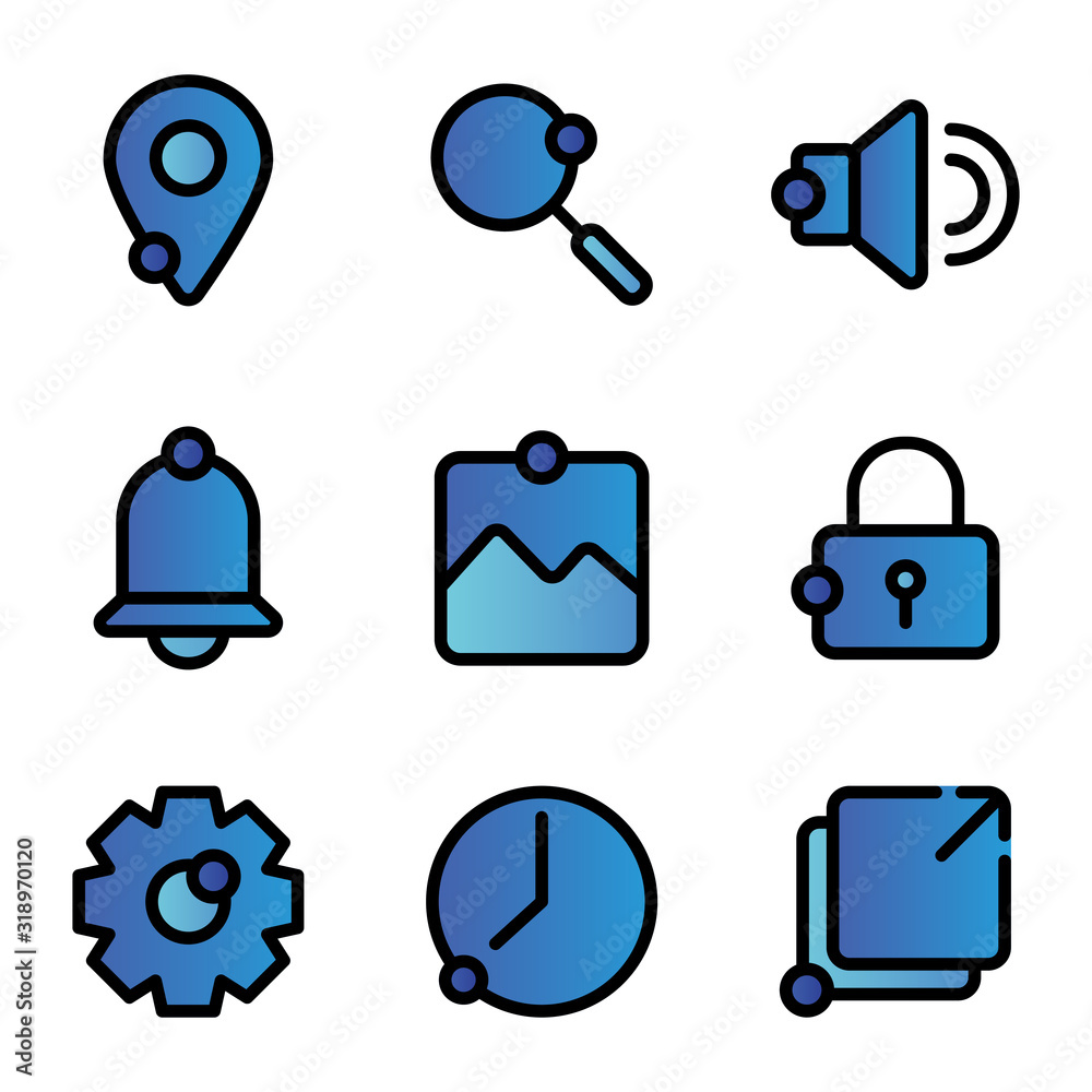 User interface icon including location, pin, direction, map, find, search, magnifier, ui, audio, sound, volume, bell, notification, alert, image, photo, picture, frame, lock, security, safe