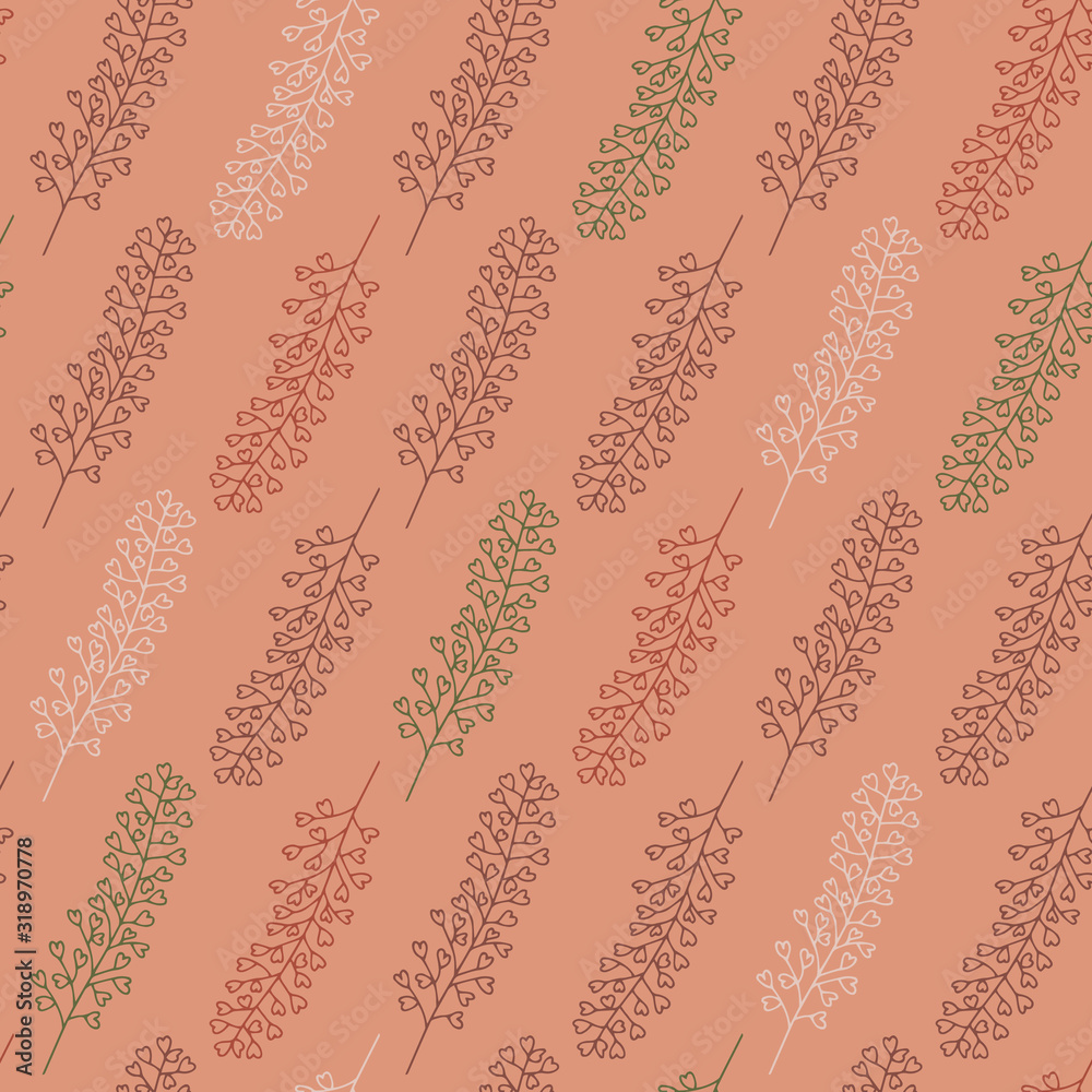 Vector nature pattern in pink. Simple doodle twig with leaves made into texture repeat. Great for background, wallpaper, wrapping paper, packaging, fashion.