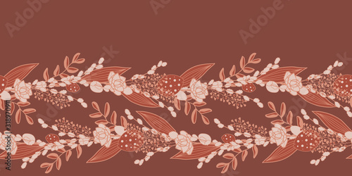 Vector floral border in pink and red. Simple doodle flowers and leaves molded into a decorative line. Great for invitations  decor  packaging  ribbon  greeting cards  stationary.