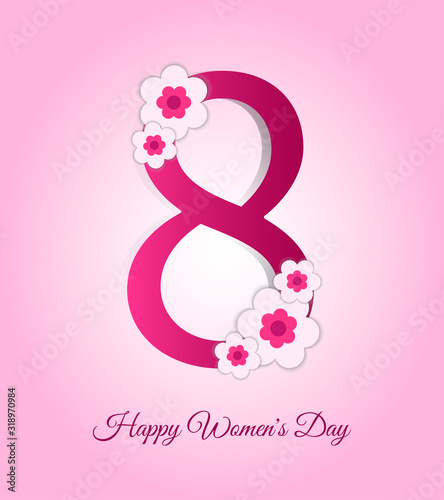 Happy Women's Day greeting card, invitation card, banner with number 8, spring flowers and text on isolated background