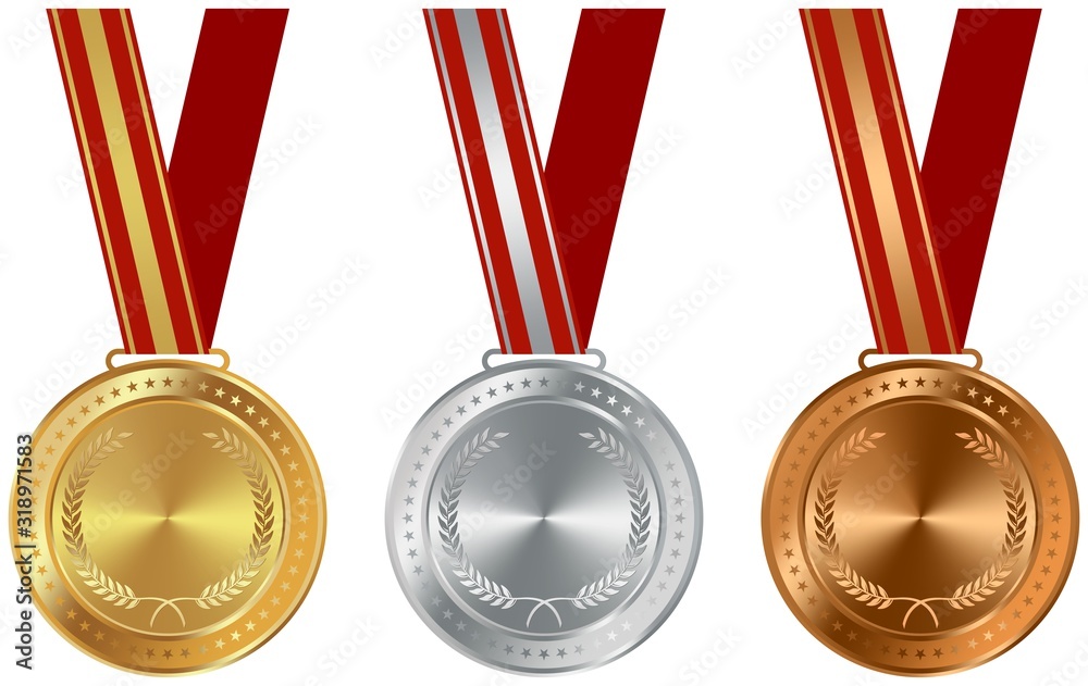 Medallie Vektor Set in Gold; Silber und Bronze mit roten Halsband auf einem weißem isolierten Hintergrund.