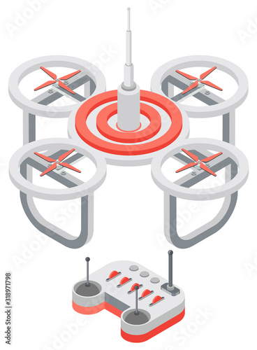 Drone with remote controller, wireless device with propellers, quadcopter symbol, aircraft with remotely radio controlled flying robots, discovery air robot for video and photo, multicopter vector