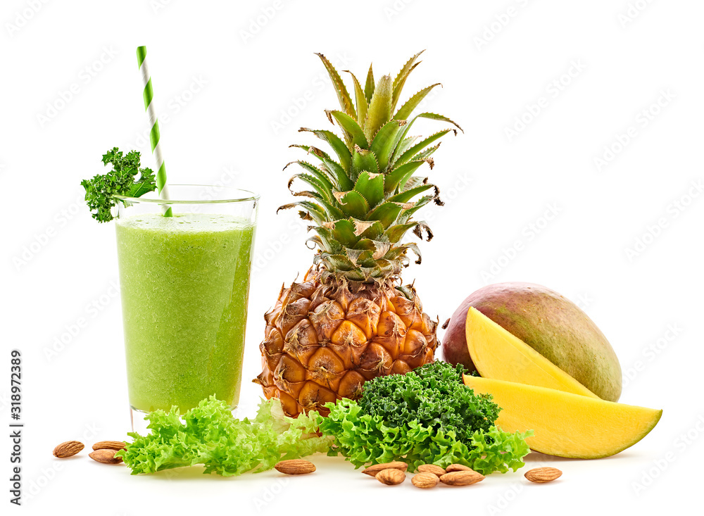 Tropical fruits detox fresh smoothie. Colorful healthy eating diet concept.  Raw pineapple, mango vegan exotic smoothie food background. Creative fruits  smoothie isolated on white Stock Photo | Adobe Stock