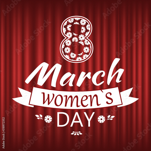 8 March womens day vector, celebration of holiday sketch with flower and inscription. Red curtain background, greetings for females girls. Bouquet of flora