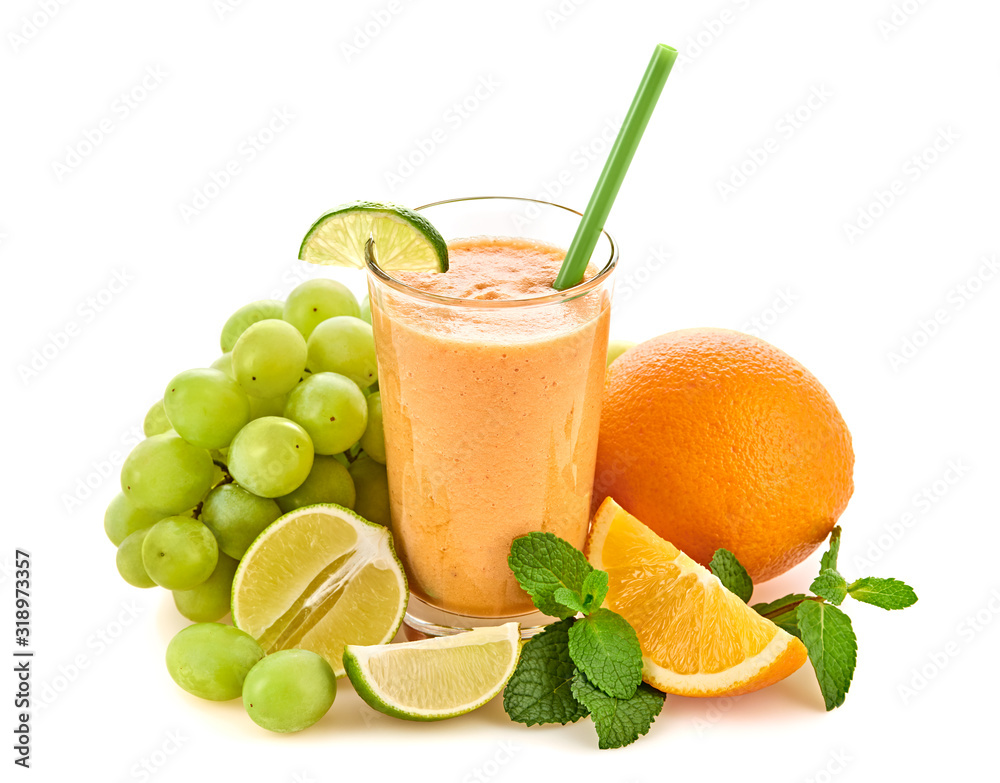 Healthy fresh fruit orange smoothie in glass. Tasty colorful citrus fruits refreshing juicy cocktail. Food and drink, health vitamin concept. Raw smoothie ingredients isolated on white Healthy fresh fruit orange smoothie in glass. Tasty colorful citrus fruits refreshing juicy cocktail. Food and drink, health vitamin concept. Raw smoothie ingredients isolated on white