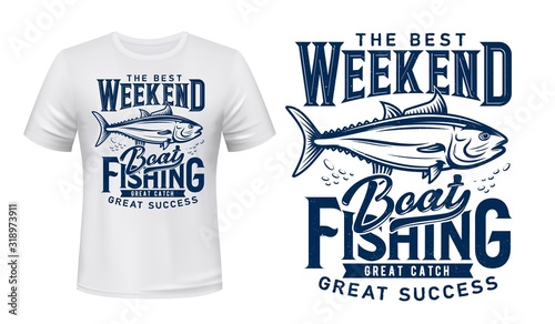 Ocean tuna fish, t-shirt print, vector navy blue template mockup. Boat fishing and big fish catch club. Sea boat fishing sport team emblem