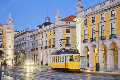 Shot of a tram in public place in Lisbon Portugal