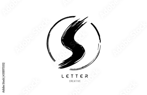 handwritten grunge S brush stroke letter alphabet logo icon design template in black and white for business