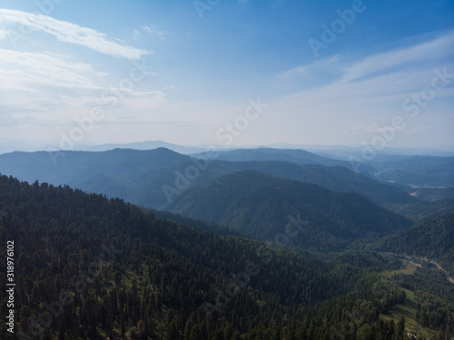 Aerial view on Teletskoye lake in Altai mountains, Siberia, Russia. Drone shot. Beauty summer day. photo