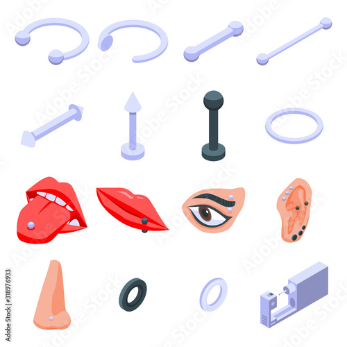 Piercing icons set. Isometric set of piercing vector icons for web design isolated on white background