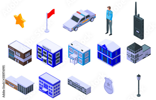 Police station icons set. Isometric set of police station vector icons for web design isolated on white background