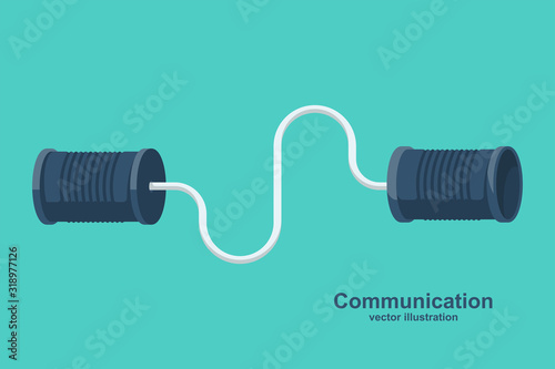 Tin can phone. Communication concept. Vector illustration flat design. Isolated on white background. Tin can telephone with cord. photo