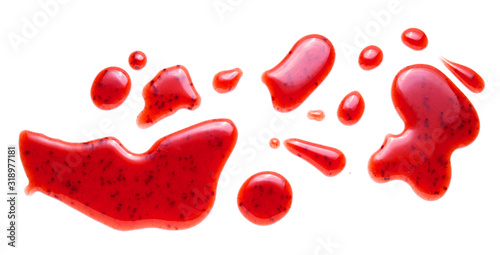 Schilderij op canvas red raspberries jam splash isolated on white background