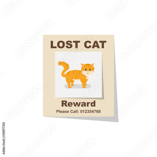 Lost cat. Reward for the find. Missing poster. Lost pet poster. Sheet with the announcement of disappearance of pet on bulletin board. Vector illustration flat design. Isolated on white background.