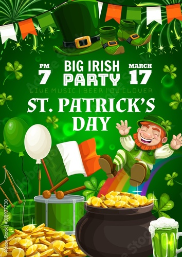 Happy Patricks day, Irish holiday party celebration. Vector leprechaun on rainbow, shamrock clover and fireworks, St Patrick day Ireland flag and Irish bagpipes, beer pint and gold coins photo