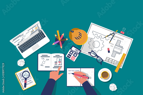 Student learns at the table. Concept distance education, e-learning, study process. Desk with objects of education: book, laptop, notebook, pen. Flat design vector illustration. Homework.
