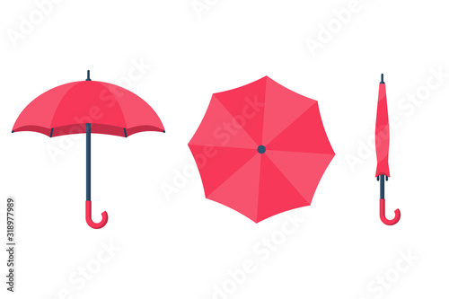 Set of umbrellas. Top view, front and folded umbrella. Rain protection on white background isolated. Flat design style. For web design, mobile applications, and printing.Vector illustration. photo