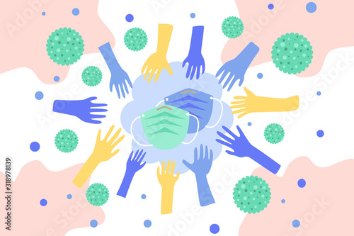 many hands reach out to face mask with pollution particle and virus spread around : conceptual to show the shortage and insufficient mask because of novel Coronavirus outbreak spread infection . 