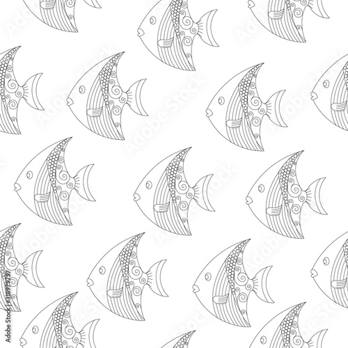 seamless pattern Fish, ornamental graphic fish, floral line pattern. Vector. Zentangle doodle. Coloring book page for adult. Hand drawn artwork. concept for restaurant menu card. Black and white