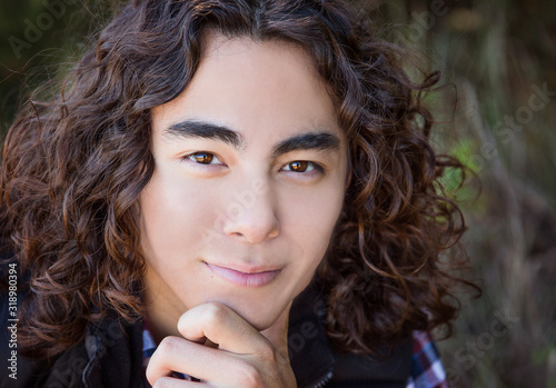 Portrait Young Man Outside Curly Long Hair