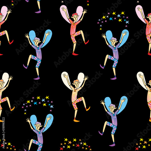 Seamless background of cheerful elves boys dancing with stars