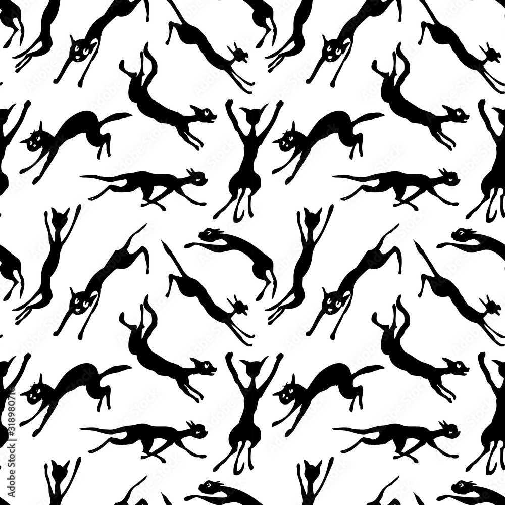 Seamless background of silhouettes jumping and running cats