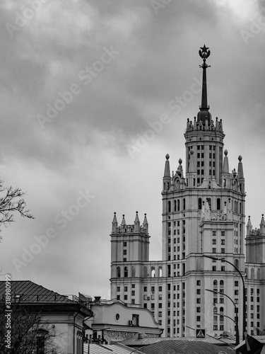 High-rise landmark residential building on Kotelnicheskaya Embankment at Yauza in 1938-1952 in Moscow is one of seven realized by Stalin skyscrapers in Moscow features classic empire architecture