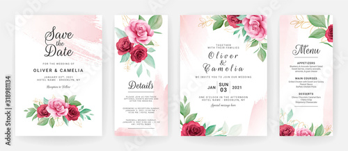 Wedding invitation card template set with watercolor floral and blush brush stroke. Flowers decoration for save the date, greeting, poster, cover, etc. Botanic illustration vector