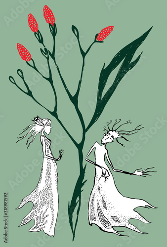 Vector illustration of fairy tale flower and elves witches