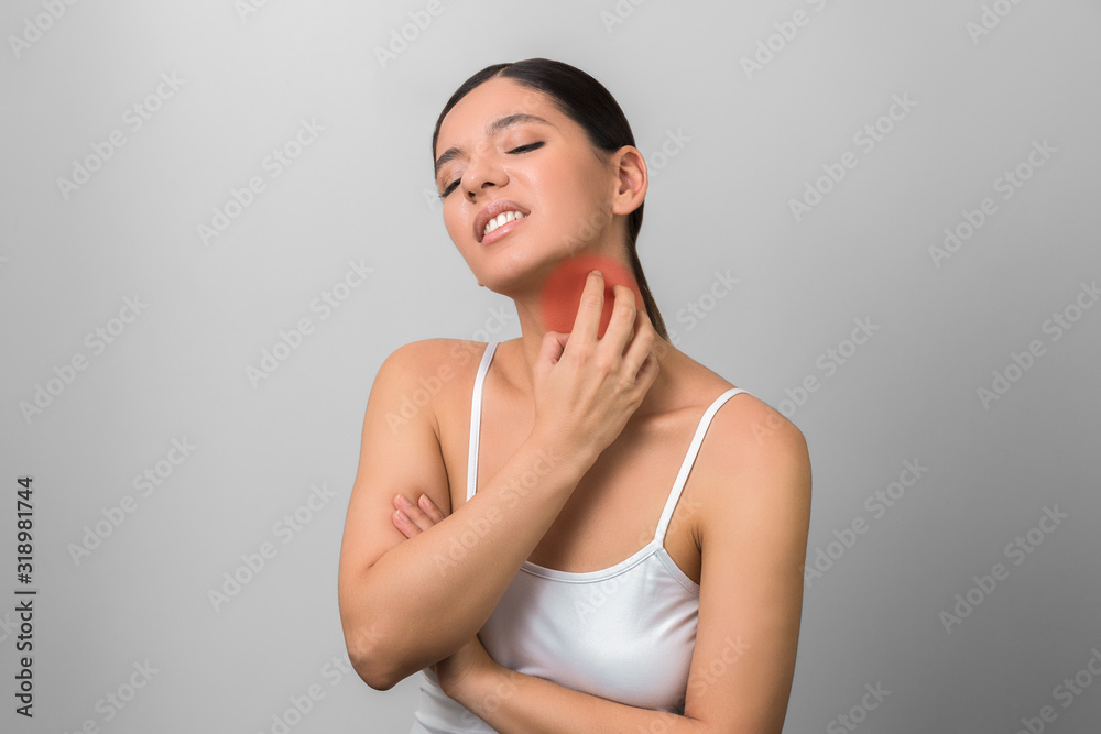 flu virus attack. illustration of a woman with throat pain isolated on grey background in high resolution flu virus attack. illustration of a woman with throat pain isolated on grey background in high resolution