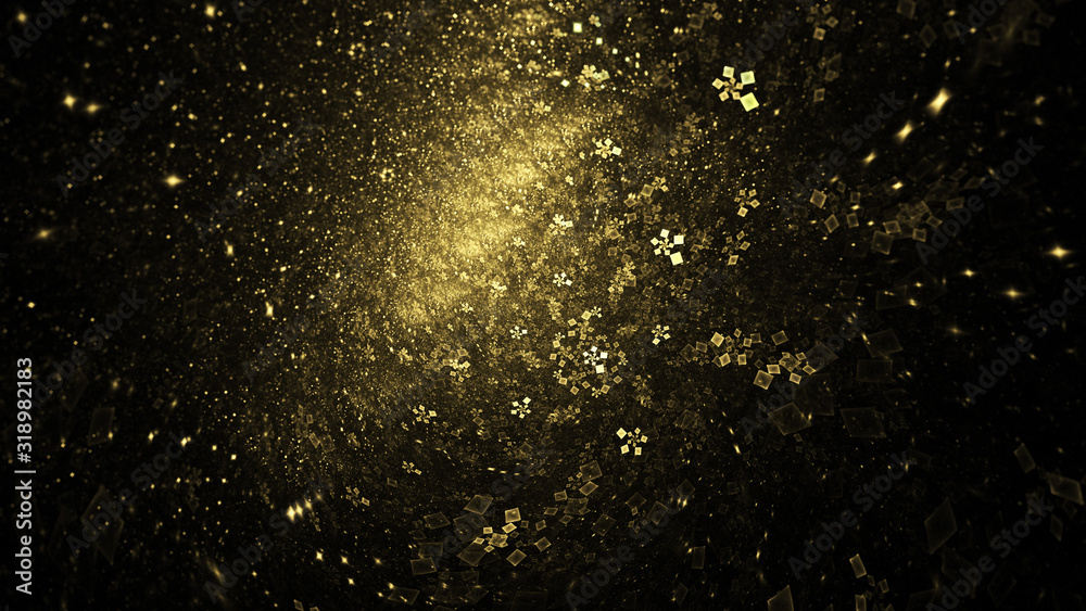 Colorful shiny golden particles. Abstract holiday background. Fantastic light effect. Digital fractal art. 3d rendering.