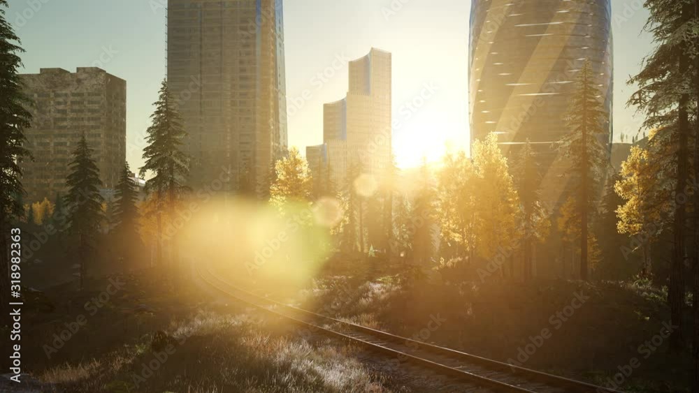 skyscrapes and the forest park at sunrise