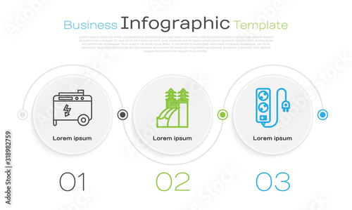 Set line Portable power electric generator, Nuclear power plant and Electric extension cord. Business infographic template. Vector
