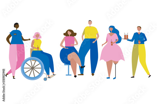 A inclusive people with disabilities, black skin, LGBT or plus size isolated on a white background, a flat vector stock illustration with hypertrophic adult or teen men or women at a party