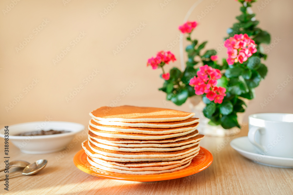 Real food. Pancakes on the table with home flower. Authentic breakfast Real food. Pancakes on the table with home flower. Authentic breakfast