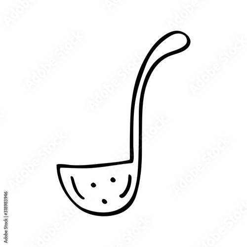 Soup ladle dish cute kitchen equipment vector doodle hand drawn illustration, sticker, icon. Monochrome black design. Isolated on white background. Kitchen staff design element. Line art. Minimalist. 