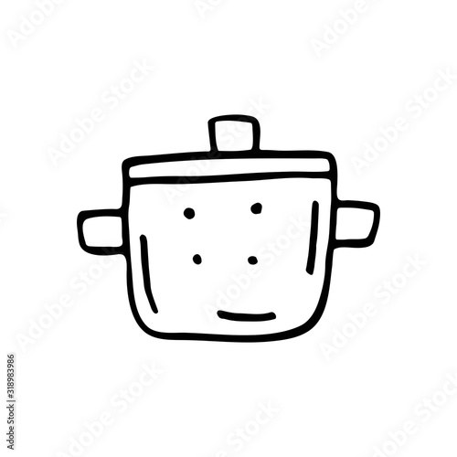 Pan, pot dish cute kitchen equipment vector doodle hand drawn illustration, sticker, icon. Monochrome black design. Isolated on white background. Kitchen staff design element. Line art. Minimalist. 