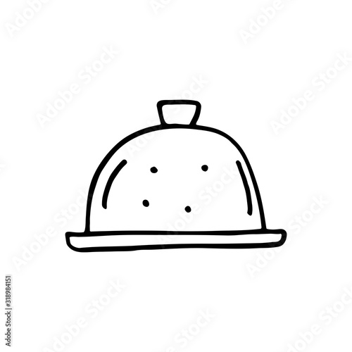 Salver dish cute kitchen equipment vector doodle hand drawn illustration, sticker, icon. Monochrome black design. Isolated on white background. Kitchen staff design element. Line art. 