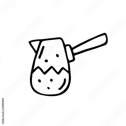 Cezve dish cute kitchen equipment vector doodle hand drawn illustration, sticker, icon. Monochrome black design. Isolated on white background. Kitchen staff design element. Line art. Minimalist. 