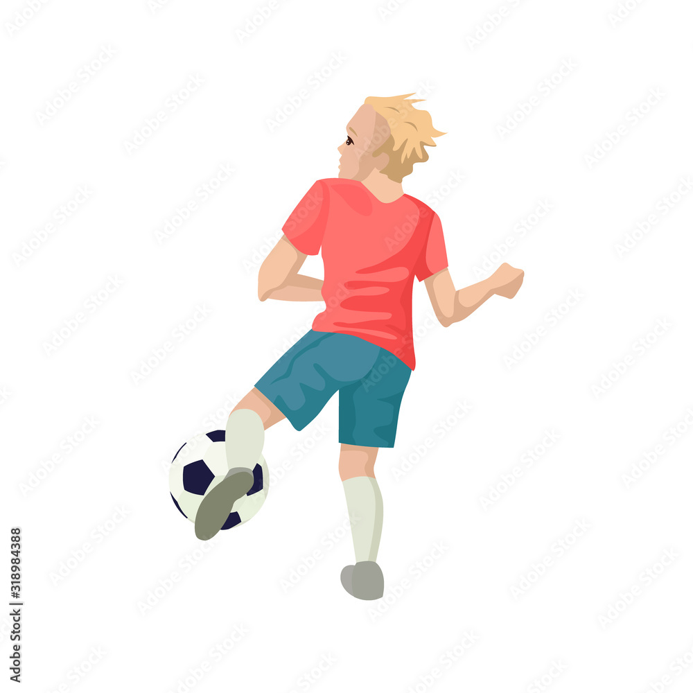 Football player kicks the ball. View from the back. Vector illustration of character.
