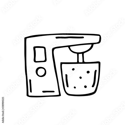 Dough mixer, cute kitchen equipment vector doodle hand drawn illustration, sticker, icon. Monochrome black design. Isolated on white background. Kitchen staff design element. Line art. Minimalist. 