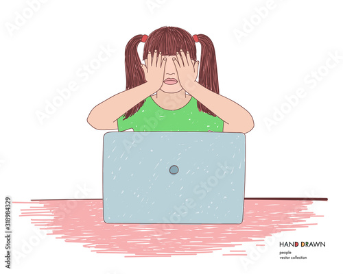 Hand drawn illustration of little girl sitting in front of laptop with his hand hiding her face. Only for adults. Parental protection concept. Internet safety for kids. Censored content