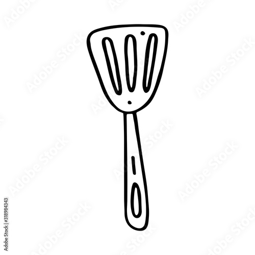 Kitchen spatula dish cute kitchen equipment vector doodle hand drawn illustration, sticker, icon. Monochrome black design. Isolated on white background. Kitchen staff design element. Line art.