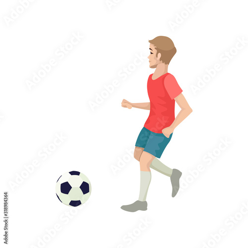Football player runs for the ball. Kicks the ball, looks away. Vector flat illustration © Veronika