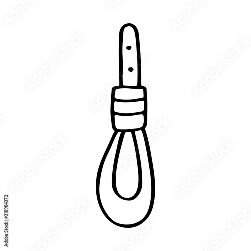 Kitchen whisk dish cute kitchen equipment vector doodle hand drawn illustration, sticker, icon. Monochrome black design. Isolated on white background. Kitchen staff design element. Line art.
