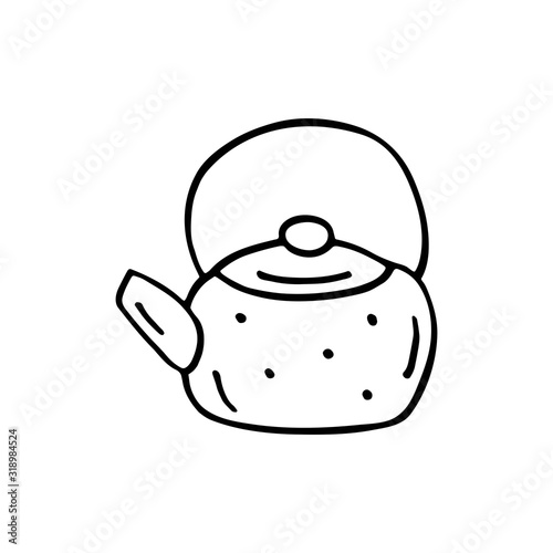 Kettle dish cute kitchen equipment vector doodle hand drawn illustration, sticker, icon. Monochrome black design. Isolated on white background. Kitchen staff design element. Line art. Minimalist. 