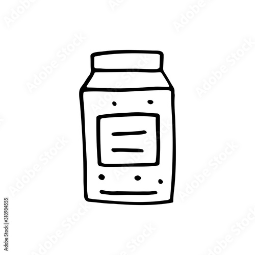 Pack of milk, juice cute kitchen equipment vector doodle hand drawn illustration, sticker, icon. Monochrome black design. Isolated on white background. Kitchen staff design element. Line art.