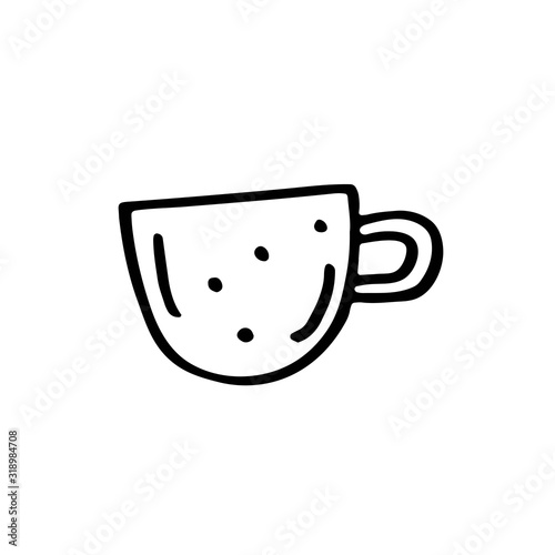 Cup dish cute kitchen equipment vector doodle hand drawn illustration, sticker, icon. Monochrome black design. Isolated on white background. Kitchen staff design element. Line art. Minimalist. 