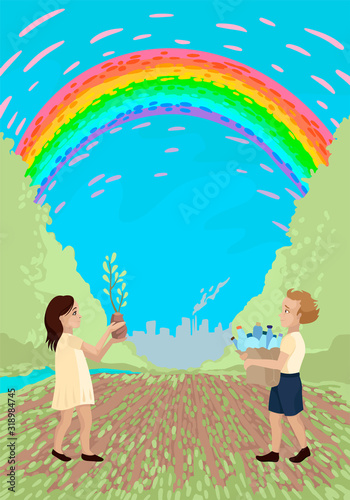 Volunteer gives plastic, the girl plants a sprout, nature and the plant behind, a rainbow over the field. Vector illustration